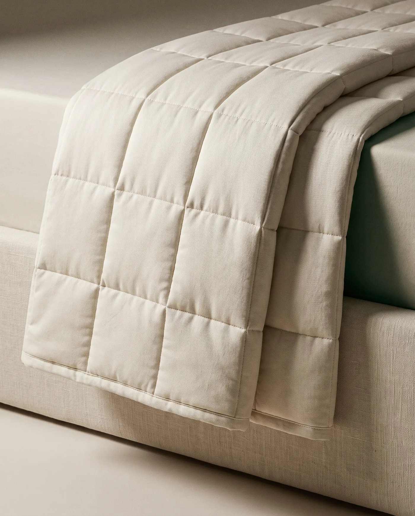 A bone-white quilted weighted blanket folded over the edge of a linen plinth.