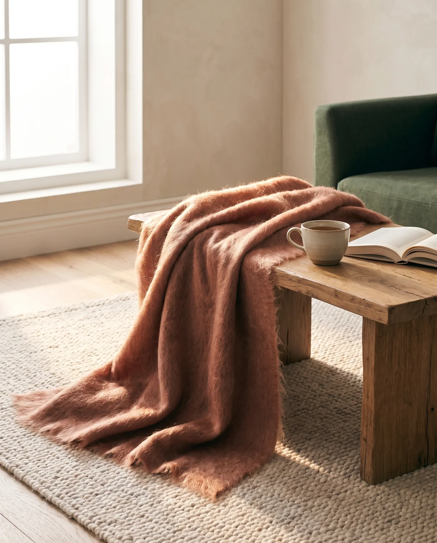 The clay mohair throw spread on a wool rug beside a cup of tea and an open book.