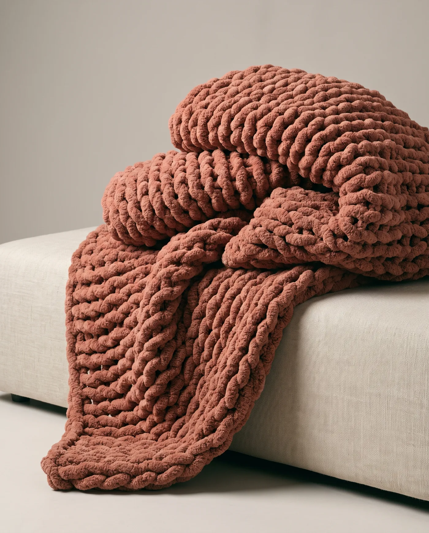 A chunky clay-coloured chenille knit blanket heaped on a linen plinth, one edge trailing to the floor.