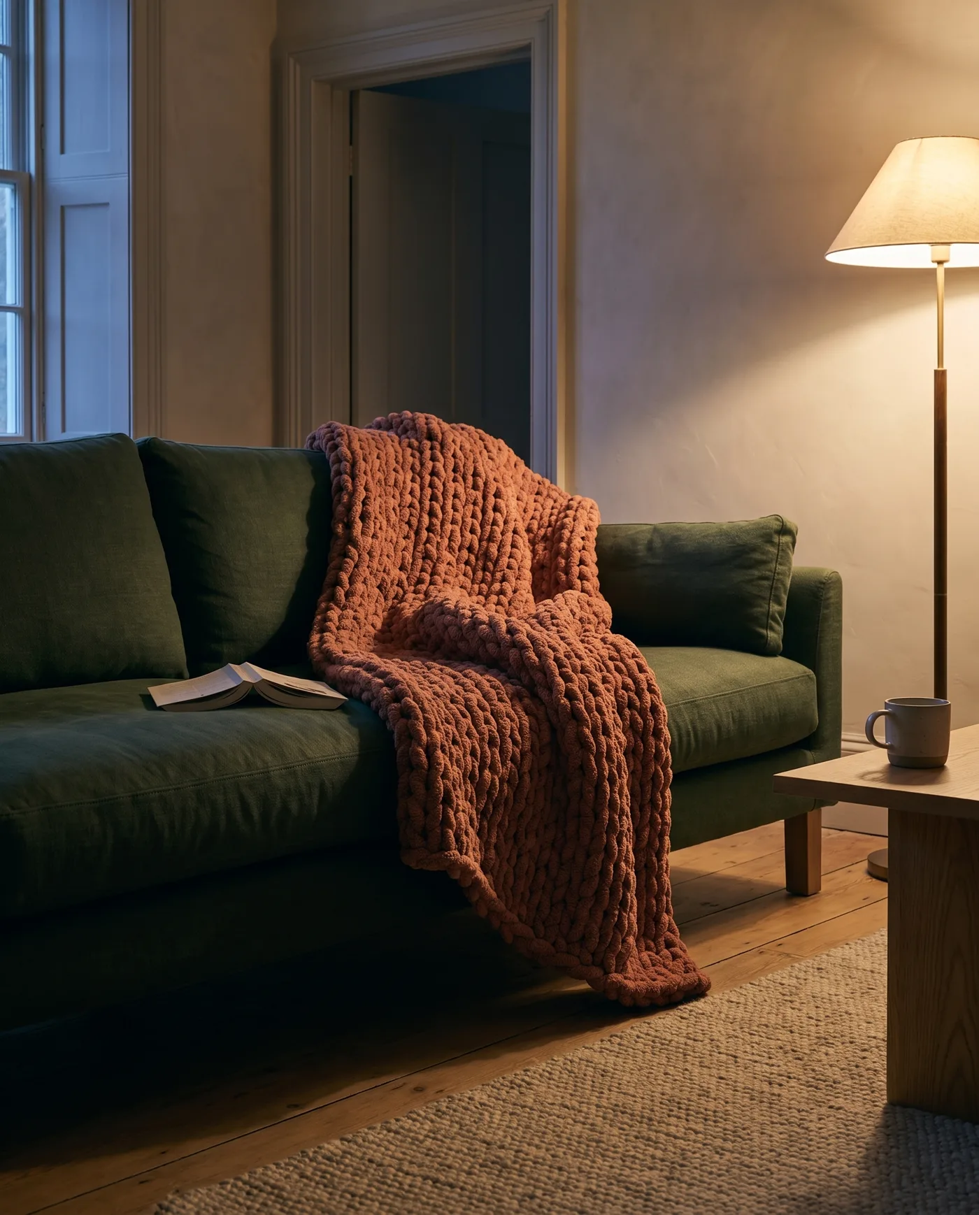 The clay knit blanket draped over the arm of a forest green sofa in lamplight.