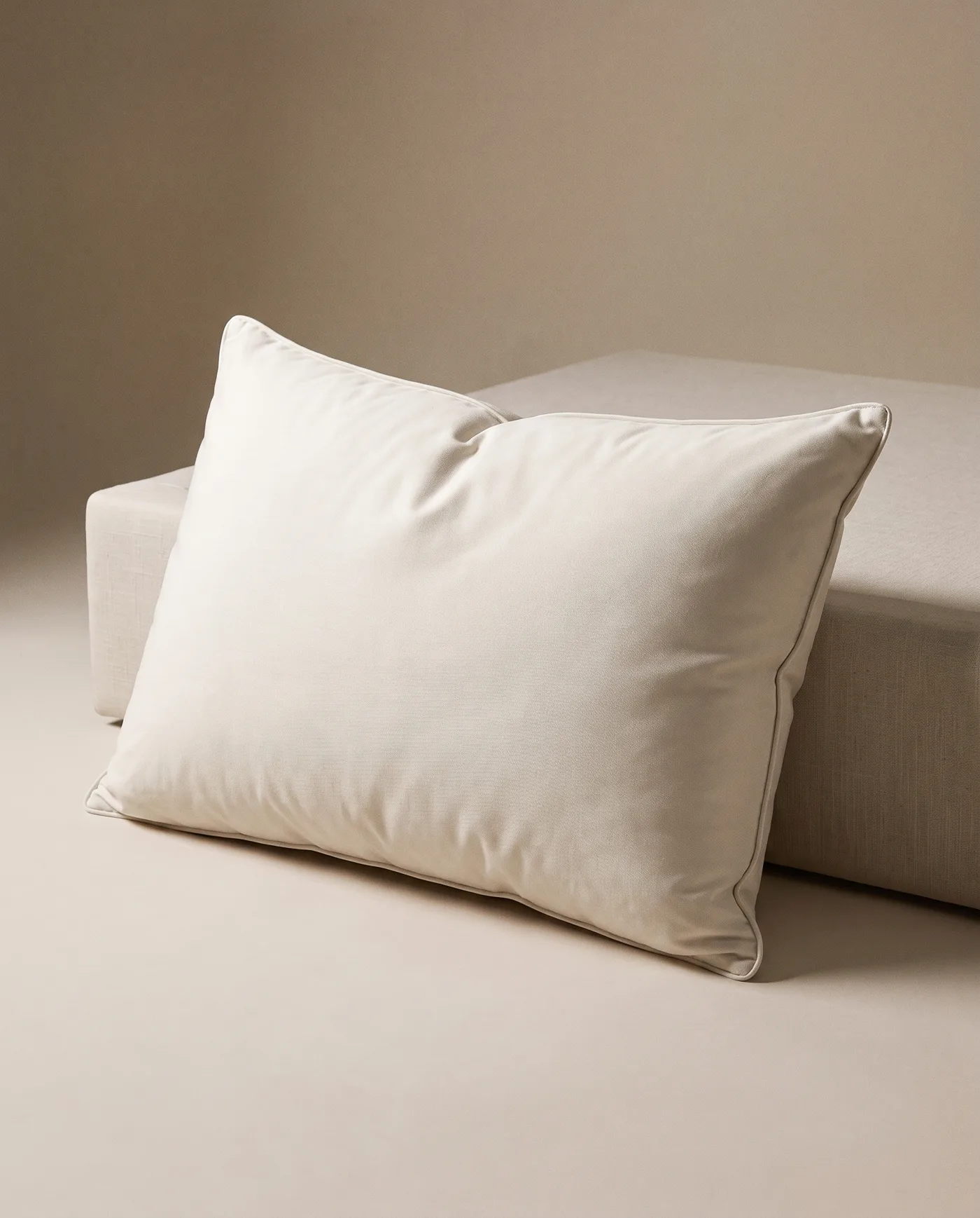 A bone cotton sleeping pillow with a piped edge, resting against a linen plinth.