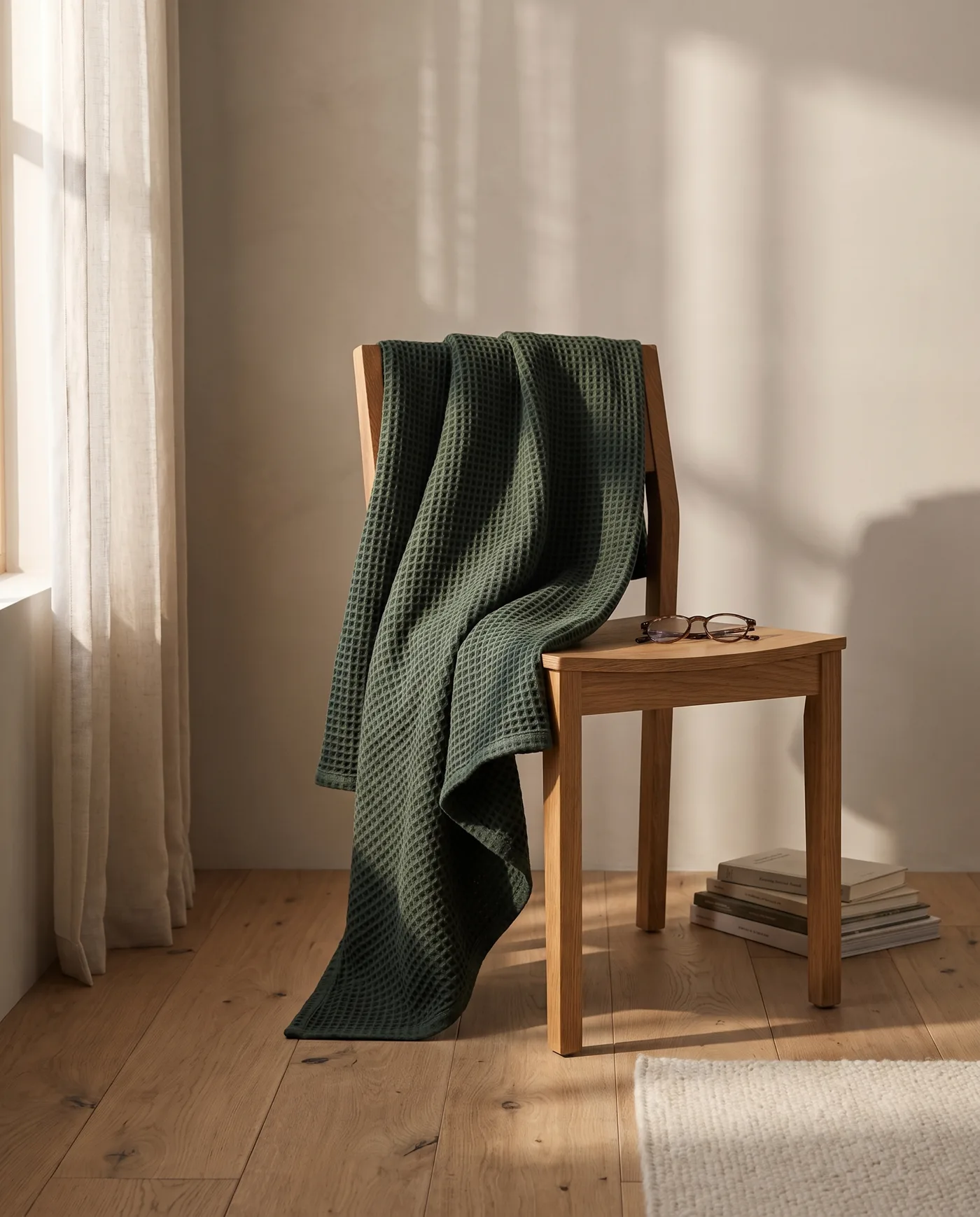 The forest waffle throw folded over the back of an oak chair beside a window.